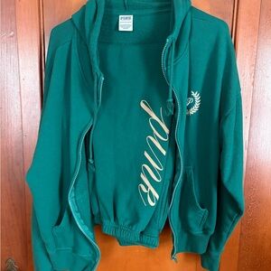 PINK Victoria's Secret Teal Green Hoodie & Sweatshirt Set with Gold Script